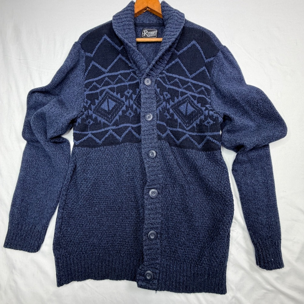 Vtg Retrofit Cardigan Sweater XL Blue Geometric Southwestern Shawl Collar
